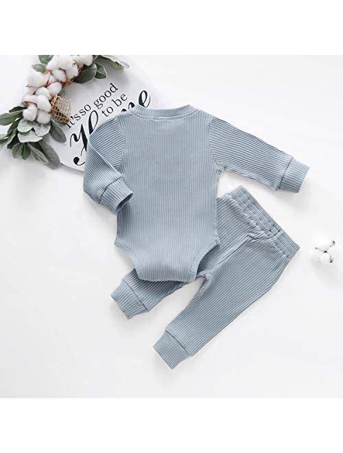 Ma&Baby Newborn Baby Boy Girl Clothes Ribbed Knitted Cotton Long Sleeve Romper Long Pants Solid Color Fall Winter Outfits