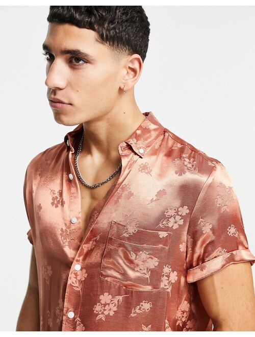 ASOS DESIGN Valentine regular fit satin shirt in copper floral jacquard