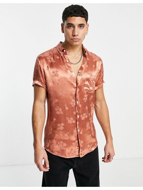 ASOS DESIGN Valentine regular fit satin shirt in copper floral jacquard