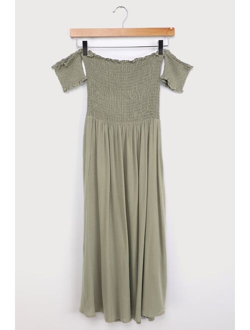 Lulus View from the Meadow Olive Green Off-the-Shoulder Dress