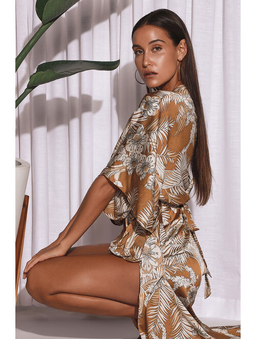 Lulus Take A Holiday Tan Tropical Print Maxi Dress