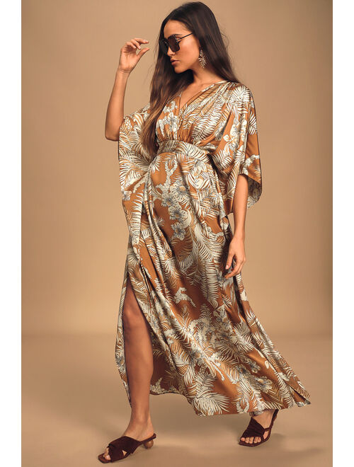 Lulus Take A Holiday Tan Tropical Print Maxi Dress