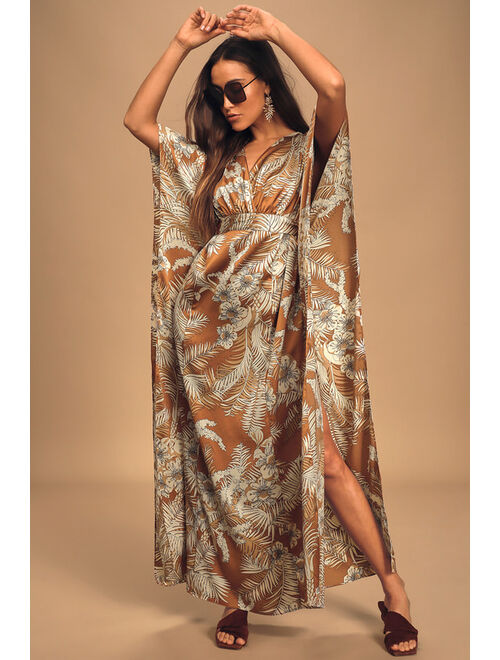 Lulus Take A Holiday Tan Tropical Print Maxi Dress