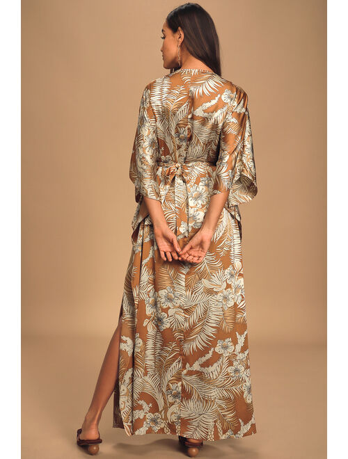 Lulus Take A Holiday Tan Tropical Print Maxi Dress