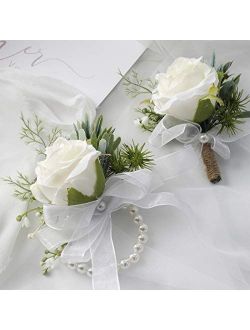 Floroom Ivory Rose Wrist Corsage Wristlet Band Bracelet and Men Boutonniere Set for White Wedding Flowers Accessories Prom Suit Decorations