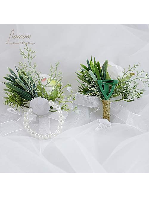 Floroom Ivory Rose Wrist Corsage Wristlet Band Bracelet and Men Boutonniere Set for White Wedding Flowers Accessories Prom Suit Decorations