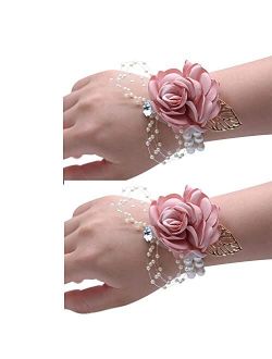 Hhdemon Artificial Flowers Wedding Bridesmaid Wrist Corsage Bracelet Silk Bouquet with Faux Pear Stretch Bracelet Wristband Hand Flowers Décor for Bridal Shower Party, We