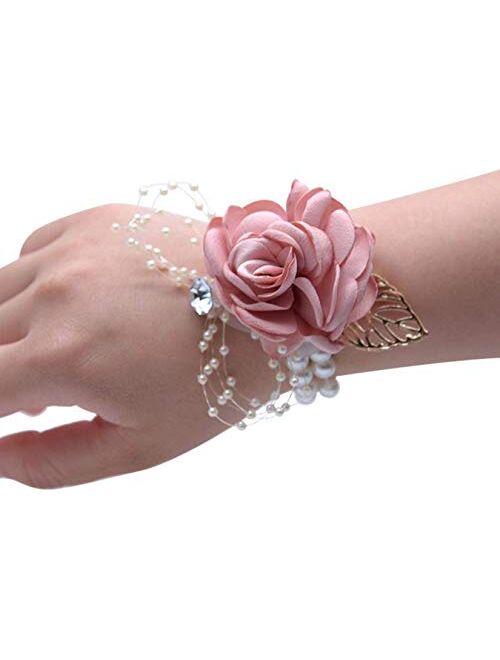 Hhdemon Artificial Flowers Wedding Bridesmaid Wrist Corsage Bracelet Silk Bouquet with Faux Pear Stretch Bracelet Wristband Hand Flowers Décor for Bridal Shower Party, We