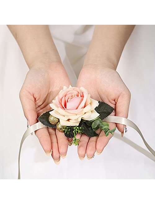 Campsis 2PCS Wrist Flower Corsage Champagne Handmade Ribbon Rose Hand Flower Bridal Leaves Wristlet Wedding Prom Party Beach Festival Photography for Women and Girls