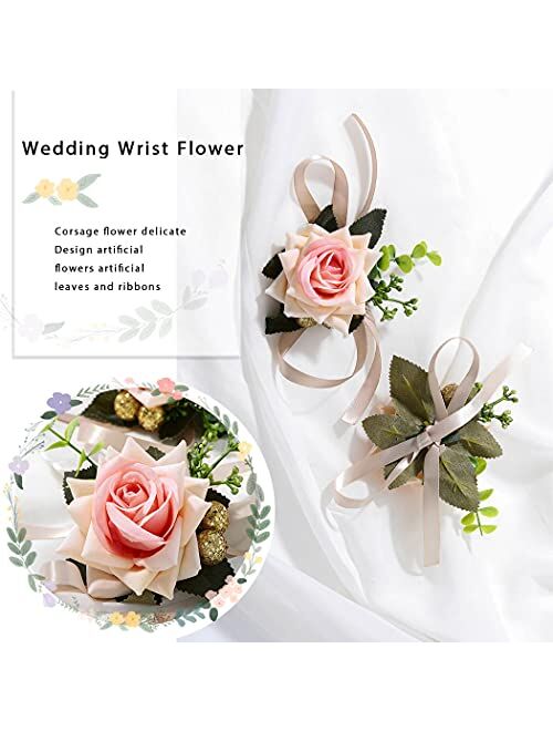 Campsis 2PCS Wrist Flower Corsage Champagne Handmade Ribbon Rose Hand Flower Bridal Leaves Wristlet Wedding Prom Party Beach Festival Photography for Women and Girls