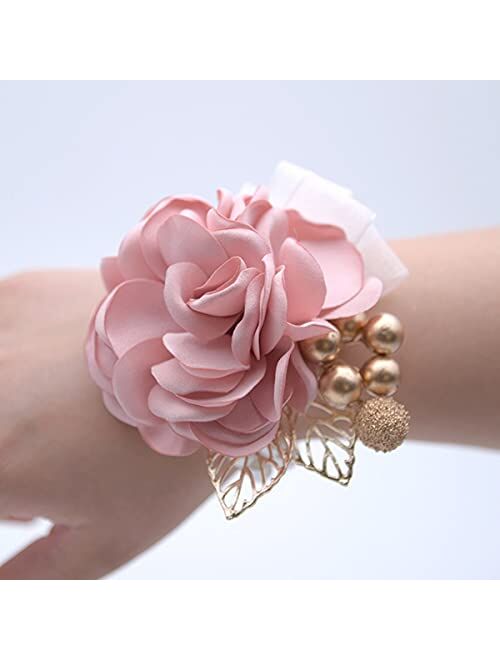 Skydume Snadulor 1 Pcs Artificial Flower Bride and Bridesmaid Wrist Corsage Bracelet,Used for Wedding,Bridal Shower,Party,Wedding Anniversary(Champagne Pink), one size