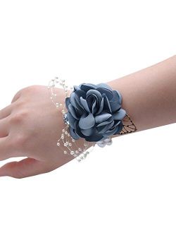Florashop Satin Rose Wedding Bridal Corsage Bridesmaid Wrist Flower Corsage Flowers Pearl Bead Wristband for Wedding Prom Party