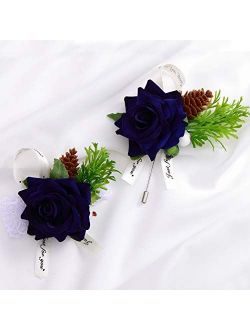 Campsis Wedding Wrist Corsage and Boutonniere Set Wristband Buttonholes Wedding Flowers Prom Suit Decoration for Groom Groomsman Best Man and Girl Brides (Dark Blue)