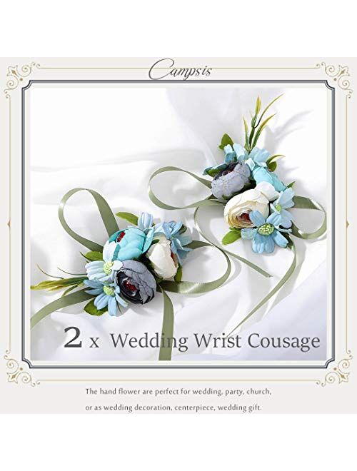 Campsis Wedding Wrist Corsage Bridal Wrist Flower Bride Hand Flower Decor for Bridesmaid Prom Party Homecoming 2 Pcs (Blue Camellia)