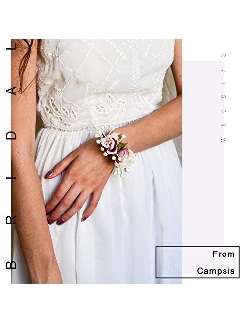 Campsis Wedding Wrist Corsage Bridal Wrist Flower Bride Hand Flower Decor for Bridesmaid Prom Party Homecoming 2 Pcs (Blue Camellia)
