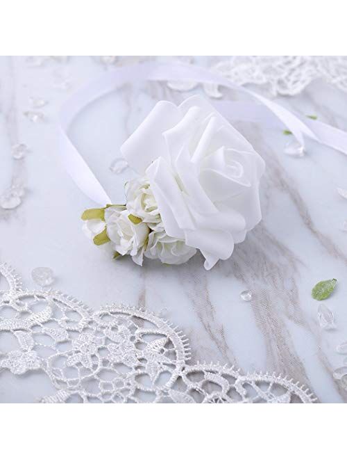 Barode Bridal Wrist Corsage Rose Hydrangea Wrist Flower Prom Bracelet for Wedding (White)