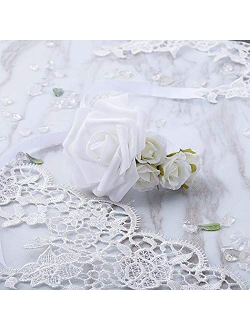 Barode Bridal Wrist Corsage Rose Hydrangea Wrist Flower Prom Bracelet for Wedding (White)