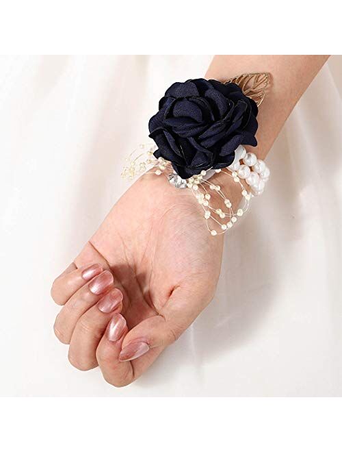Fstrend Wedding Bridal Corsage Bridesmaid Pearl Leaf Wrist Flower Party Prom Hand Flower Crystal Bride Wedding Accessories for Women and Girls(Blue) (Blue)