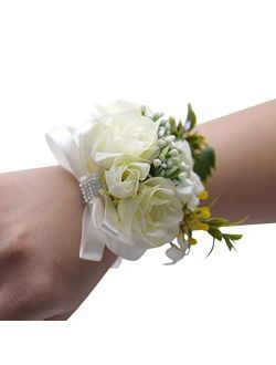 Teensery 2 Pcs White Wedding Bride Wrist Corsage Bridesmaid Wrist Flower Artificial Rose Ribbon Bow Bracelet for Wedding Prom Party