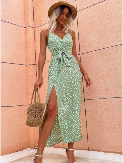 Ditsy Floral Print Slit Hem Belted Cami Dress