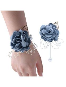 Veido Wrist Corsage Rose Flower Brooch for Wedding Party Prom Wristband Flower Set (Bluish Grey)