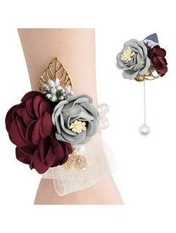 Bridal Wrist Corsages for Wedding Floral Corsages and Boutonniere Pins Set Party Prom Rose Women Girls Bracelets