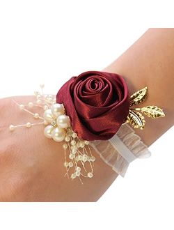 Formery Bridesmaid Wrist Flowers Red Rose Wrist Corsage Stretch Silk Hand Flower Corsage Set with Pearl Metal Leaf Bride Bridal Girls Accessories for Wedding and Prom(4pc