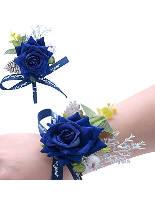 Buery Wrist Corsage, Pack of 2 Wedding Bridal Wrist Flower Corsage Hand Flower Decor for Prom Party Wedding Homecoming (Blue)