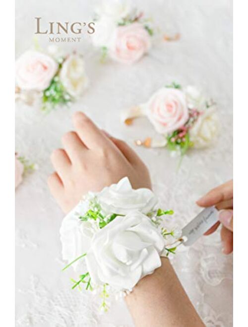 Ling's moment Blush & White, Set of 6, Artificial Flowers Bridesmaid Wrist Corsage Bracelet, for French Rustic Vintage Wedding, Bridal Shower Party, Wedding Ceremony Anni