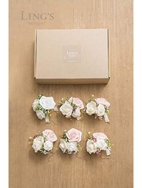 Ling's moment Blush & White, Set of 6, Artificial Flowers Bridesmaid Wrist Corsage Bracelet, for French Rustic Vintage Wedding, Bridal Shower Party, Wedding Ceremony Anni