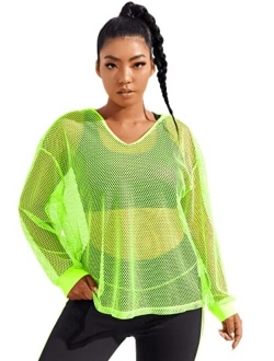 Women's Plus Size Fishnet Mesh See Through Long Sleeve Shirts Workout Tops Hoodies
