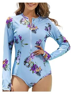 Womens Rash Guard Printed Zipper Long Sleeve Bathing Suits for Women One Piece Surfing Swimsuits UV Protection
