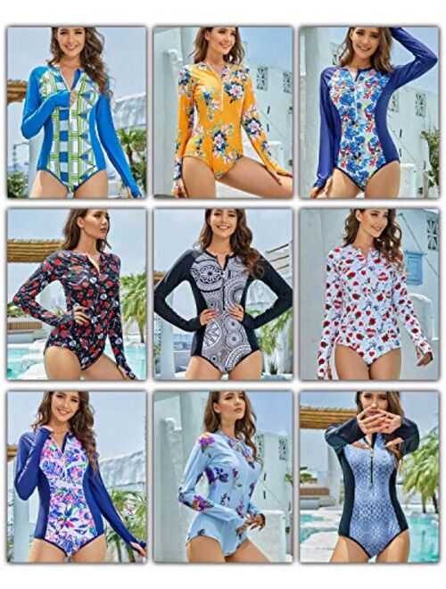 AS ROSE RICH Womens Rash Guard Printed Zipper Long Sleeve Bathing Suits for Women One Piece Surfing Swimsuits UV Protection