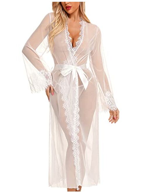 RSLOVE Lingerie for Women Sexy Long Lace Kimono Robe Mesh Chemise Lace Gown Swimsuit Cover Up