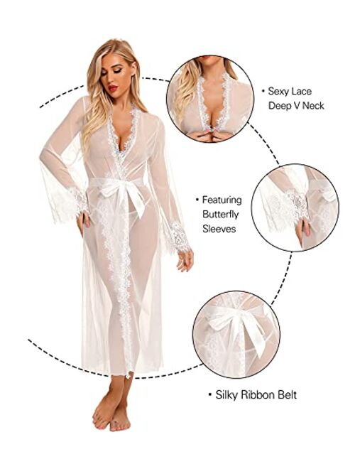 RSLOVE Lingerie for Women Sexy Long Lace Kimono Robe Mesh Chemise Lace Gown Swimsuit Cover Up