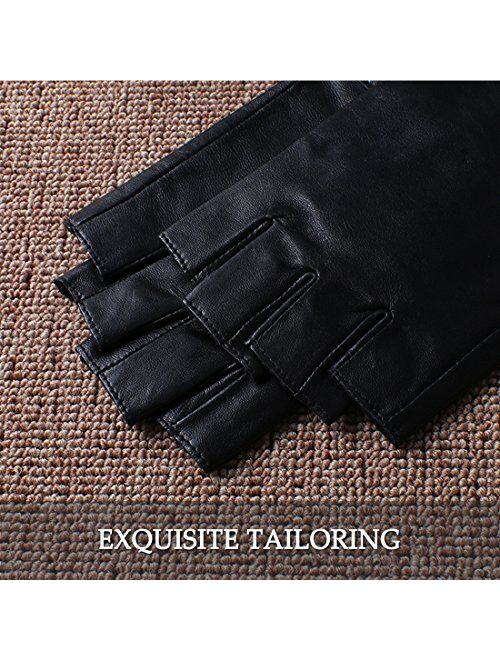 Nappaglo Men's Classic Fingerless Gloves Imported Lambskin Leather Silk Lining Half Finger Driving Cycling Outdoor Gloves