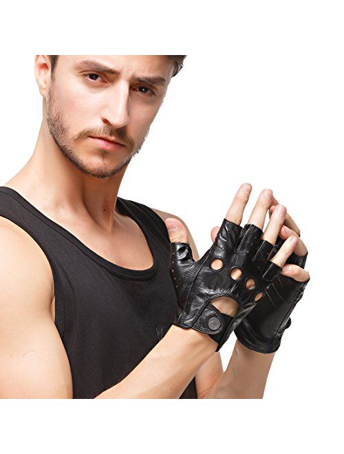 Nappaglo Men's Leather Driving Gloves Italian Lambskin Half Finger Fingerless Unlined Gloves for Motorcycle Cycling Riding