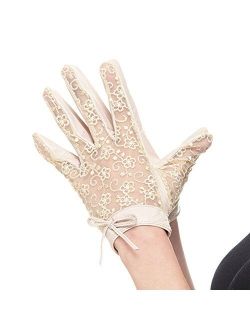 Women's Nappa Leather & Lace Unlined Gloves Bow Decoration Summer Short for Wedding Prom Banquet Party Driving