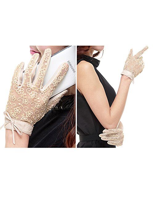 Nappaglo Women's Nappa Leather & Lace Unlined Gloves Bow Decoration Summer Short for Wedding Prom Banquet Party Driving