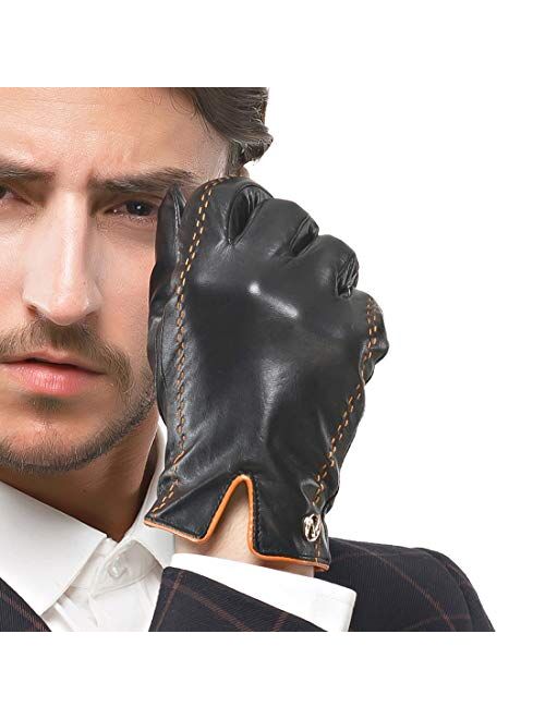 Nappaglo Men's Italian Nappa Leather Gloves Touchscreen Lambskin Warm Gloves with Lines of Hit Color