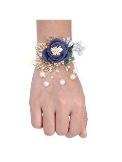 Desuness Girl Bridesmaid Wrist Corsage Bridal Silk Wrist Flower with Faux Pearl Bead Stretch Bracelet Wristband Gold Leaf for Wedding Prom Hand Flowers Decor (Dark Blue)