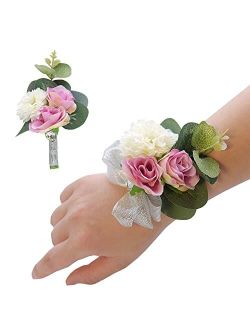 LoengMax 2 Pack Wedding Wrist Corsage Boutonniere Set, Men Groomsmen Corsages Bride Wristband for Groom Wedding Party Prom (Pink)