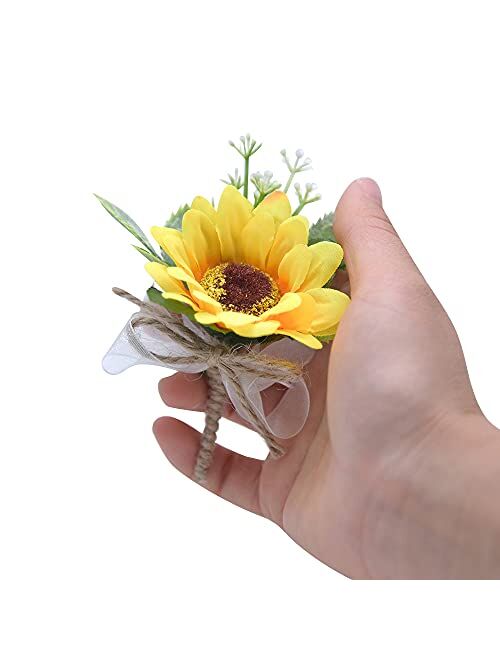Artflws 2PCS Artificial Sunflower Wrist Corsage and Boutonniere Set Groom and Men Boutonniere for Wedding Flowers Accessories Party Prom Suit Decorations (1 Boutonniere &