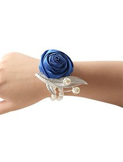 Jackcsale Fashion Wedding Bridesmaid Wrist Flower Corsage Party Hand Flower Decor with Faux Pearl Bead Wristband Blue Pack of 2