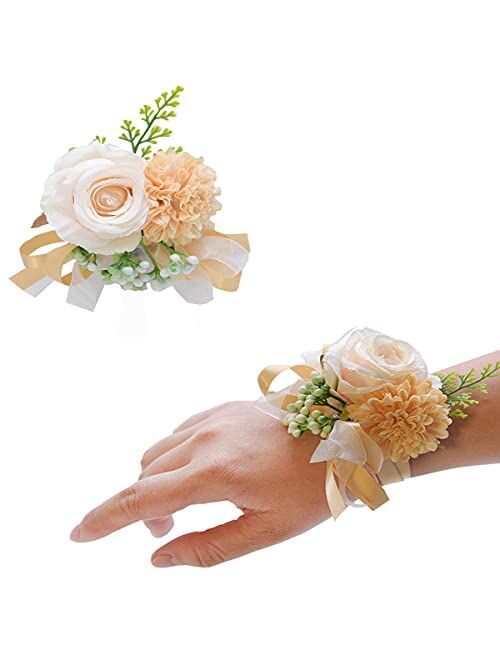 Skydume Snadulor 1 Pcs Wedding Bridal Wrist Corsage Prom Wrist Flower Corsage Flowers for Wedding Party, Graduation Party(Champagne), One Size