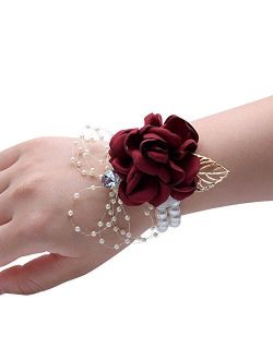 Abbie Home Decent Wrist Corsage for Prom Party Wedding Ball Event Silk Rose Rhinestone Hand Flower Classic Pearl Bracelet (Burgundy)