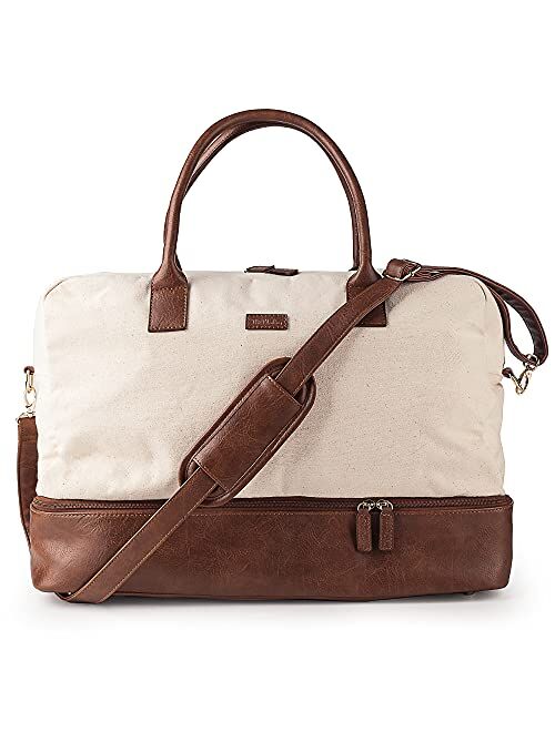 MyMealivos Canvas Weekender Bag, Overnight Travel Carry On Duffel with Shoe Pouch (Ivory)