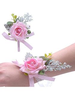 Plaoode Handmade Artificial Rose Wedding Bridal Wrist Flower Corsage Hand Flower Decor for Prom Party Wedding Homecoming (Pink)