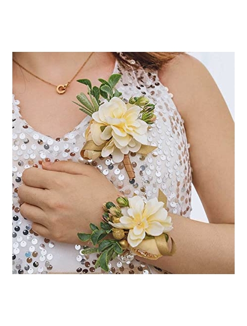 Campsis Wedding Corsage Boutonniere Champagne Rose Pearl Flower Wrist Corsage Groom Boutonniere Flower Decor Girls Bride Bridesmaid Lady for Prom and Dinner Party(2pcs)