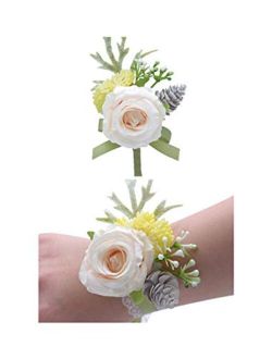 Flonding Wedding Wrist Corsage and Boutonniere Set Party Prom Hand Flower Suit Decor Ivory